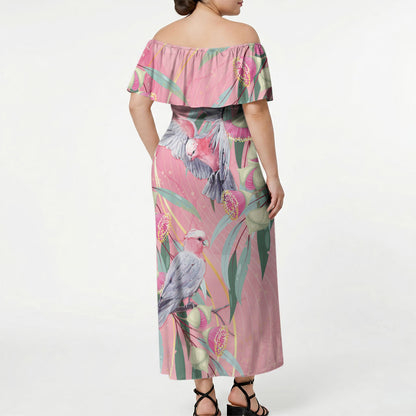 Australia Breast Cancer Off Shoulder Maxi Dress Pink Galah with Eucalyptus Flowers