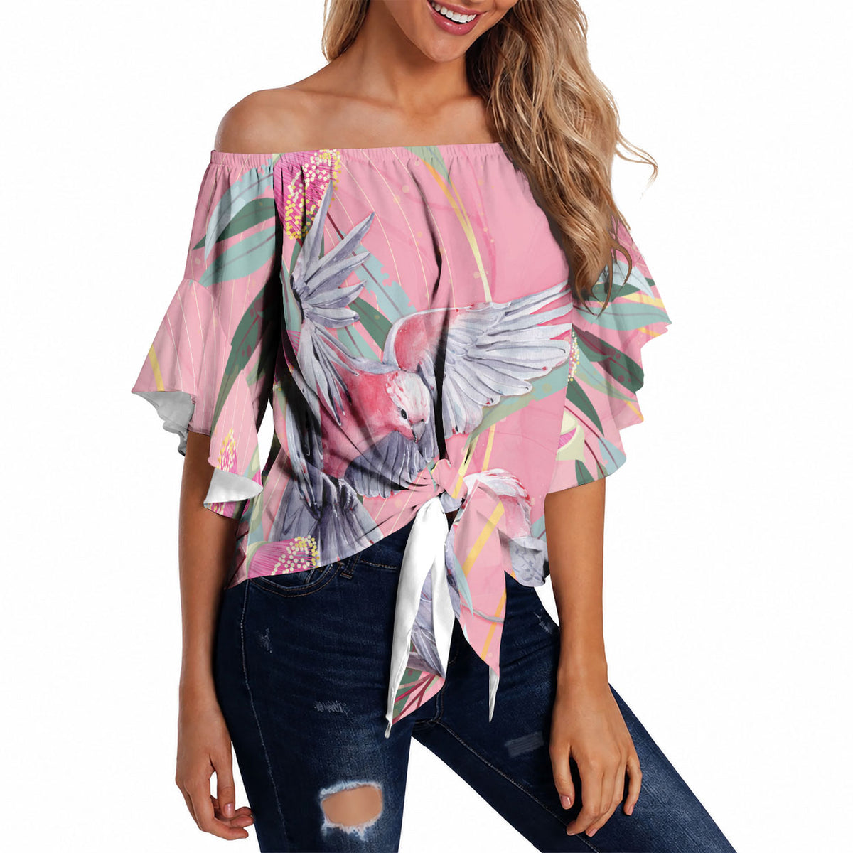 Australia Breast Cancer Off Shoulder Wrap Waist Top Pink Galah with Eucalyptus Flowers