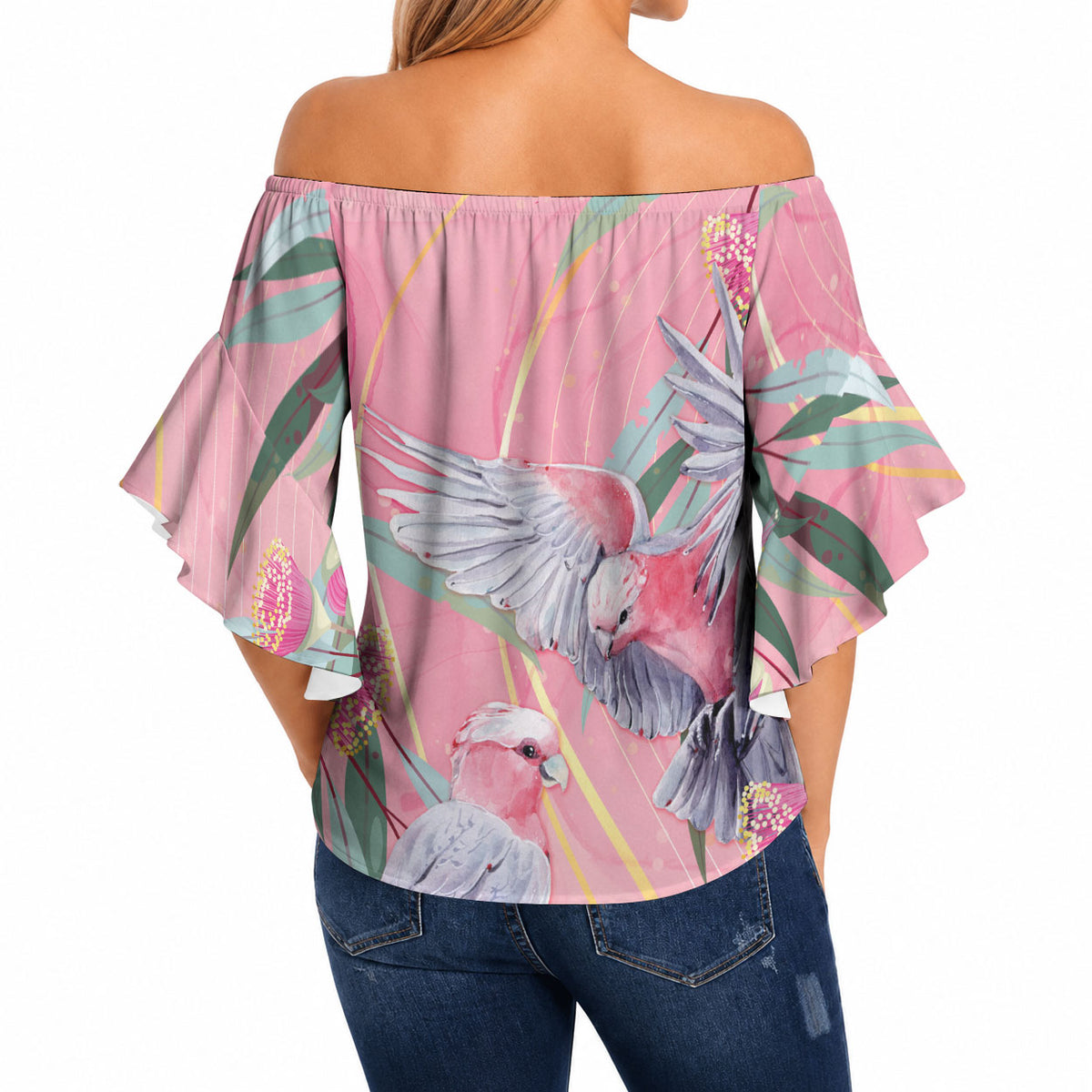 Australia Breast Cancer Off Shoulder Wrap Waist Top Pink Galah with Eucalyptus Flowers