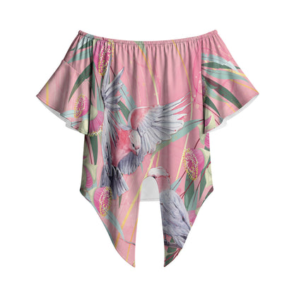 Australia Breast Cancer Off Shoulder Wrap Waist Top Pink Galah with Eucalyptus Flowers