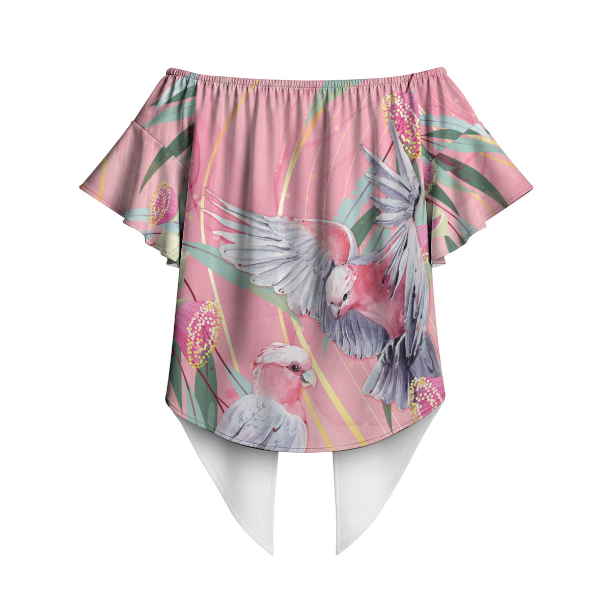 Australia Breast Cancer Off Shoulder Wrap Waist Top Pink Galah with Eucalyptus Flowers