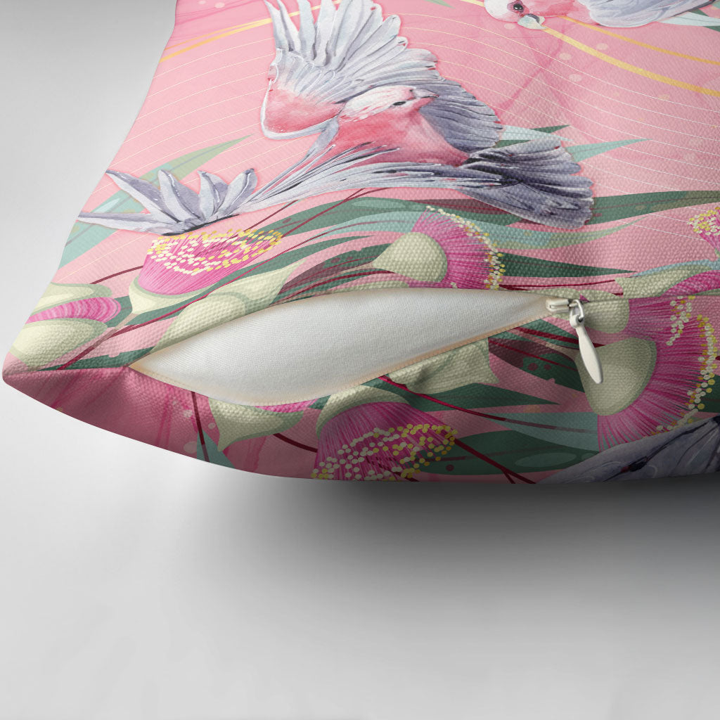 Australia Breast Cancer Pillow Cover Pink Galah with Eucalyptus Flowers