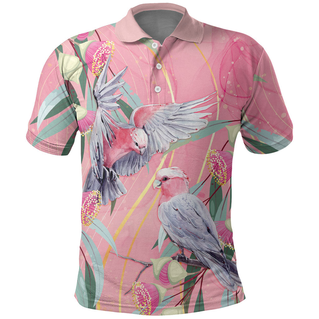 Australia Breast Cancer Polo Shirt Pink Galah with Eucalyptus Flowers