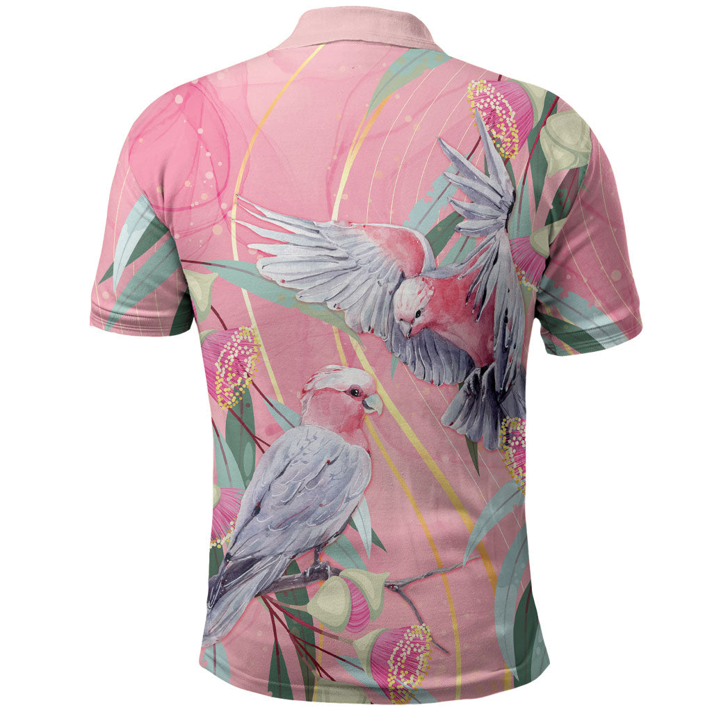 Australia Breast Cancer Polo Shirt Pink Galah with Eucalyptus Flowers