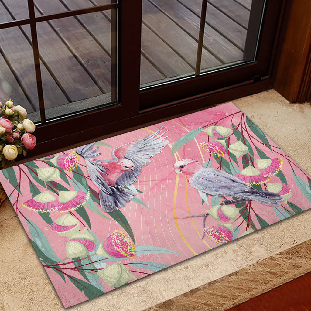 Australia Breast Cancer Rubber Doormat Pink Galah with Eucalyptus Flowers