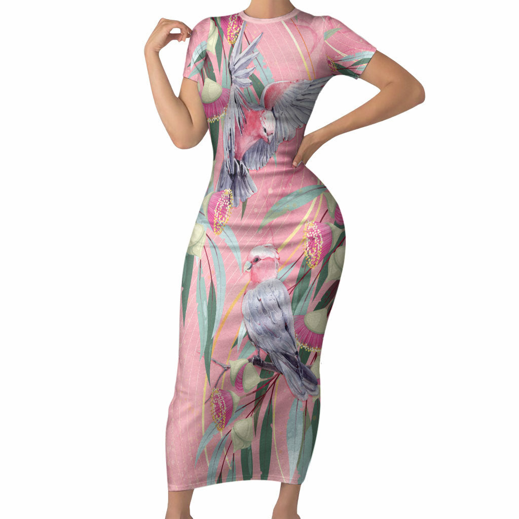 Australia Breast Cancer Short Sleeve Bodycon Dress Pink Galah with Eucalyptus Flowers
