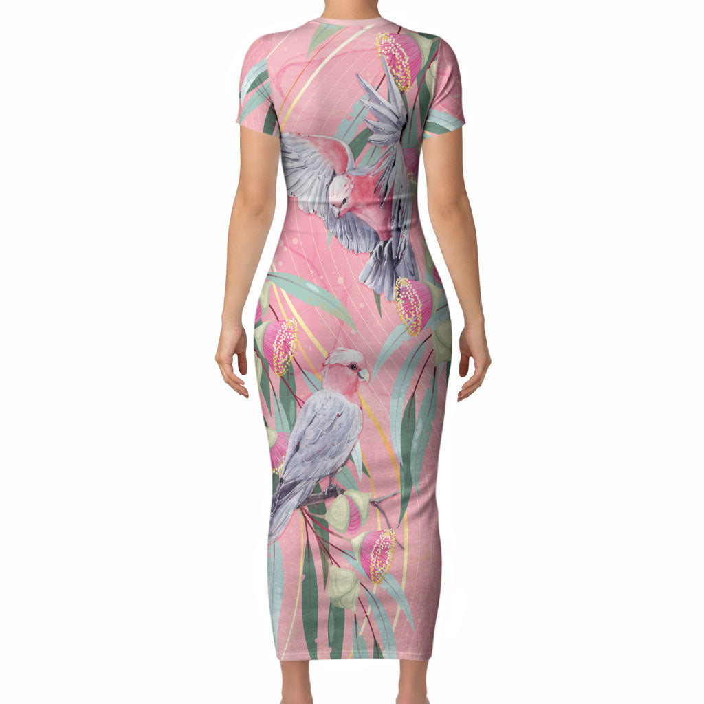 Australia Breast Cancer Short Sleeve Bodycon Dress Pink Galah with Eucalyptus Flowers