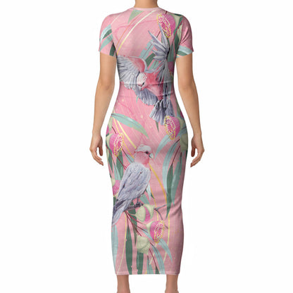 Australia Breast Cancer Short Sleeve Bodycon Dress Pink Galah with Eucalyptus Flowers