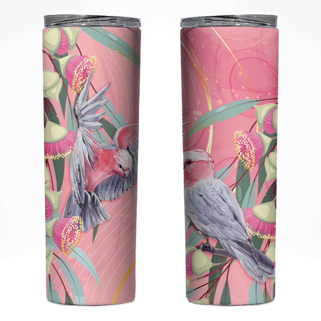Australia Breast Cancer Skinny Tumbler Pink Galah with Eucalyptus Flowers
