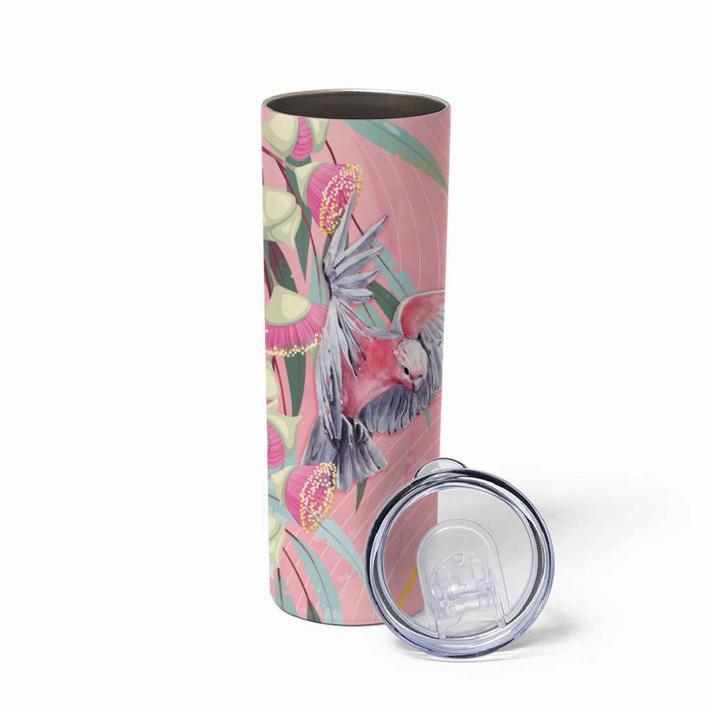 Australia Breast Cancer Skinny Tumbler Pink Galah with Eucalyptus Flowers