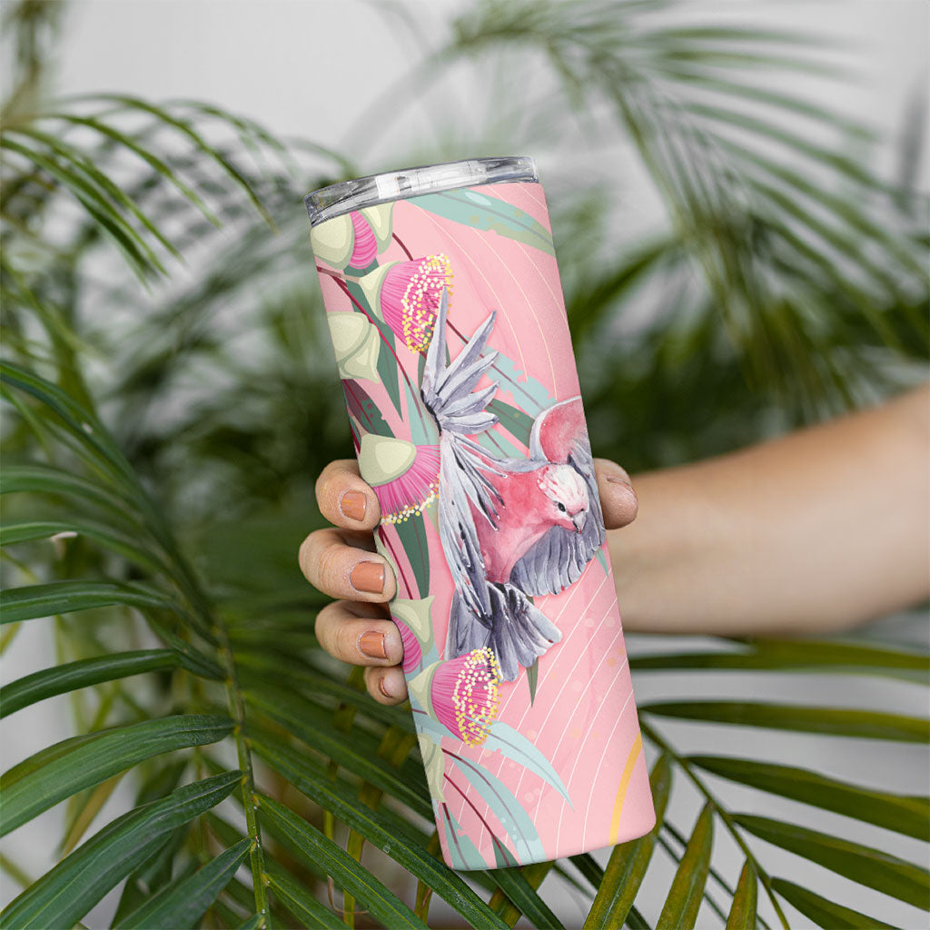 Australia Breast Cancer Skinny Tumbler Pink Galah with Eucalyptus Flowers