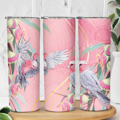Australia Breast Cancer Skinny Tumbler Pink Galah with Eucalyptus Flowers