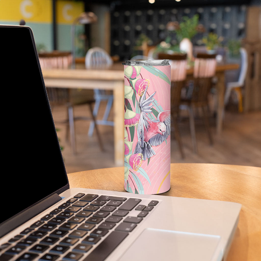 Australia Breast Cancer Skinny Tumbler Pink Galah with Eucalyptus Flowers