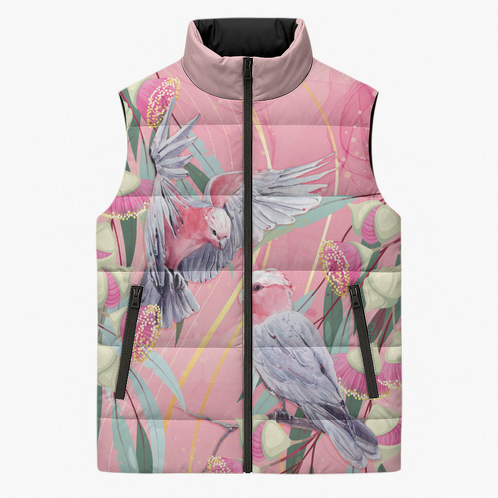 Australia Breast Cancer Sleeveless Puffer Jacket Pink Galah with Eucalyptus Flowers