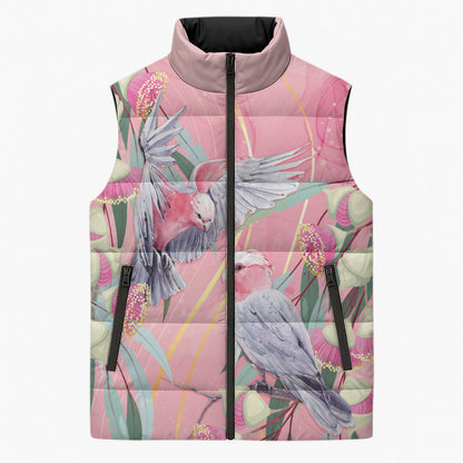 Australia Breast Cancer Sleeveless Puffer Jacket Pink Galah with Eucalyptus Flowers