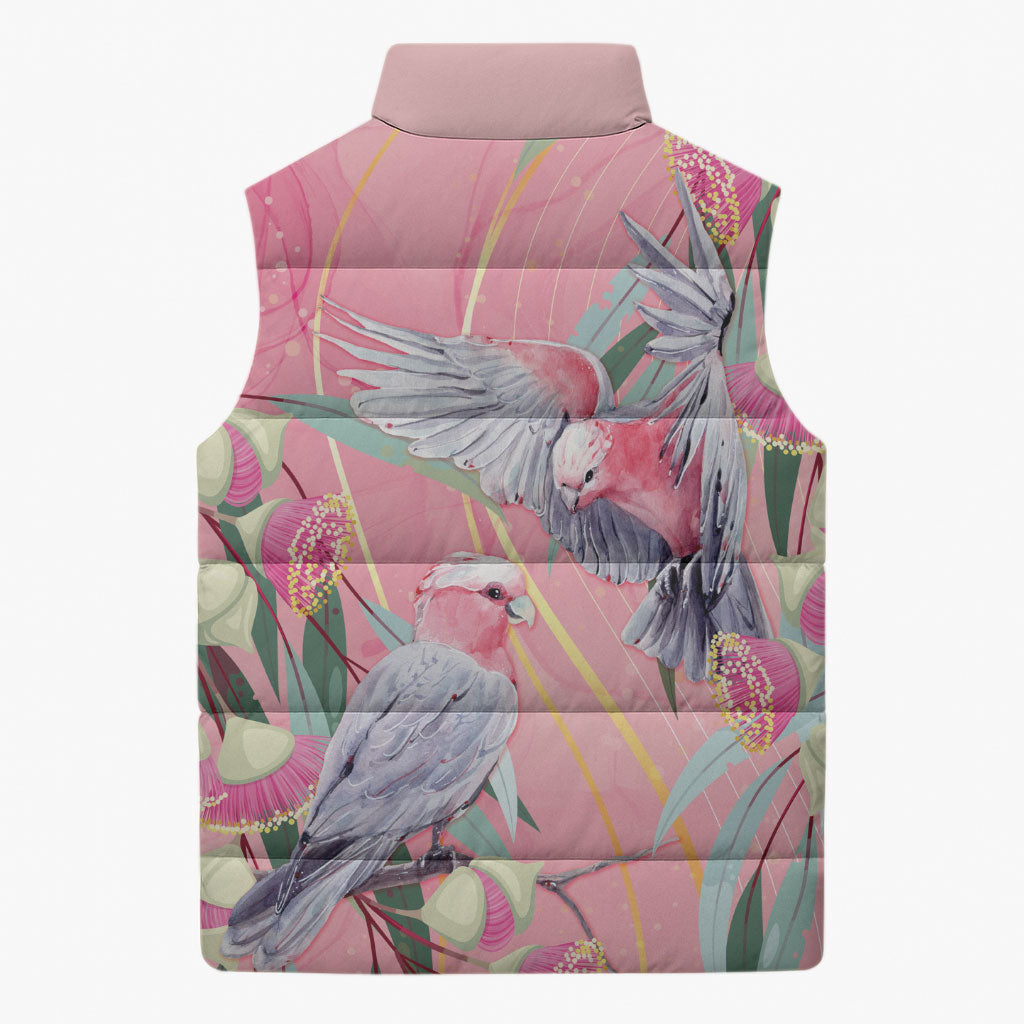 Australia Breast Cancer Sleeveless Puffer Jacket Pink Galah with Eucalyptus Flowers