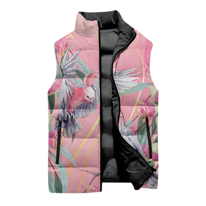 Australia Breast Cancer Sleeveless Puffer Jacket Pink Galah with Eucalyptus Flowers