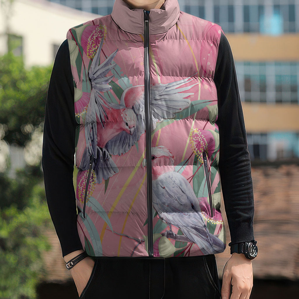 Australia Breast Cancer Sleeveless Puffer Jacket Pink Galah with Eucalyptus Flowers