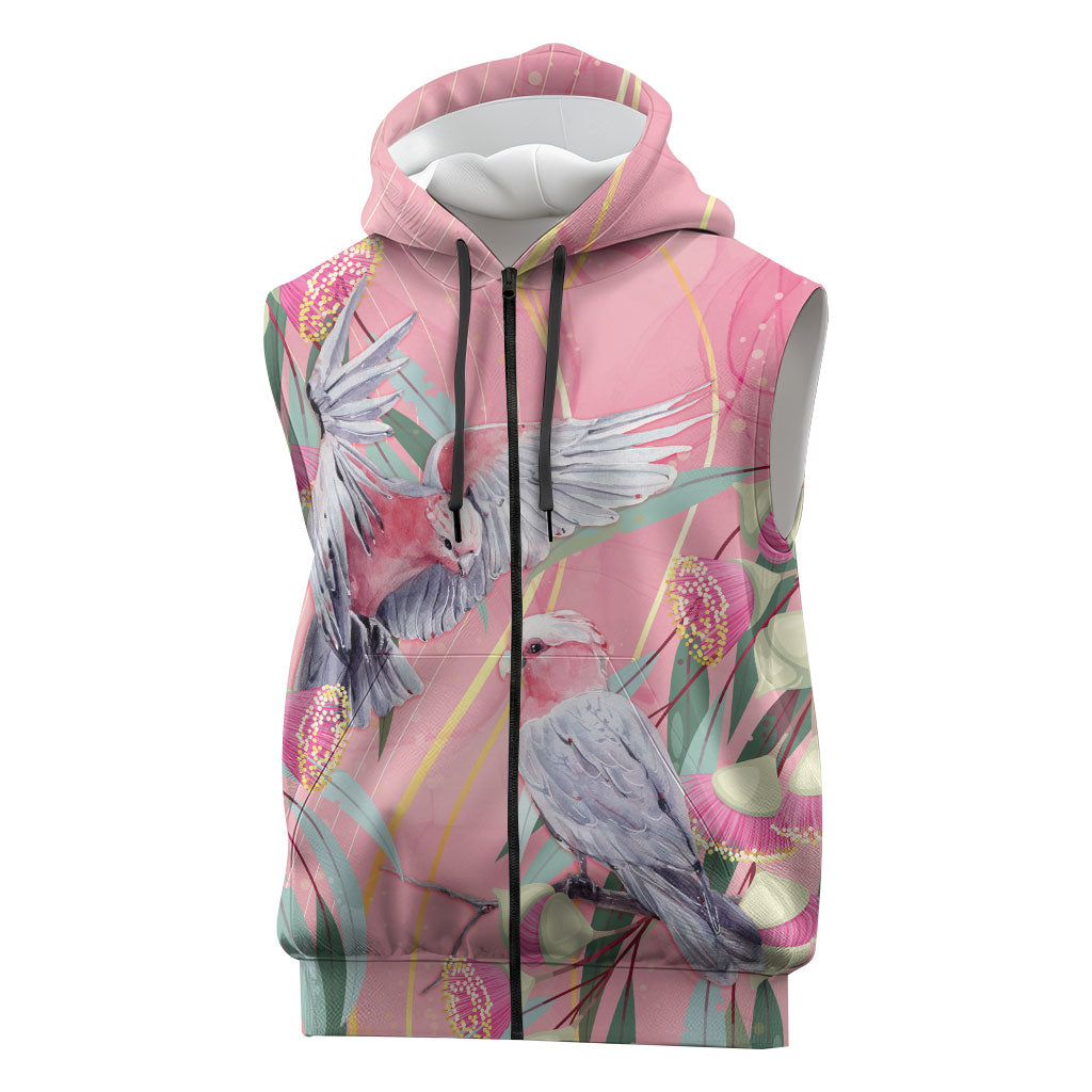 Australia Breast Cancer Sleeveless Zip Hoodie Pink Galah with Eucalyptus Flowers