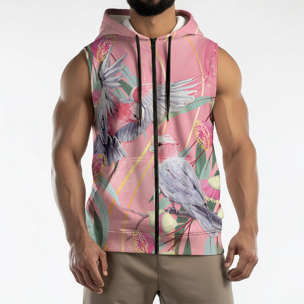 Australia Breast Cancer Sleeveless Zip Hoodie Pink Galah with Eucalyptus Flowers