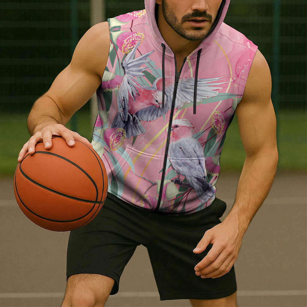 Australia Breast Cancer Sleeveless Zip Hoodie Pink Galah with Eucalyptus Flowers