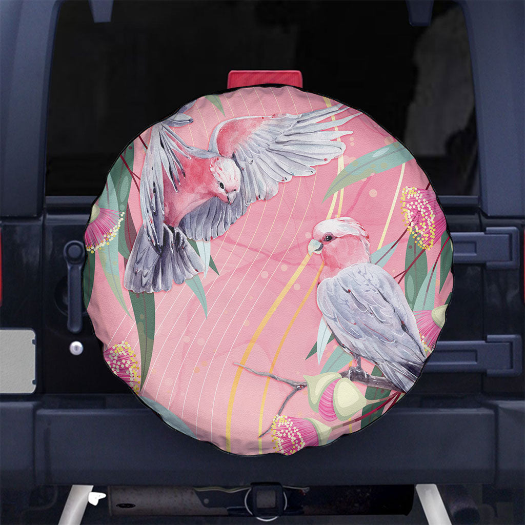 Australia Breast Cancer Spare Tire Cover Pink Galah with Eucalyptus Flowers