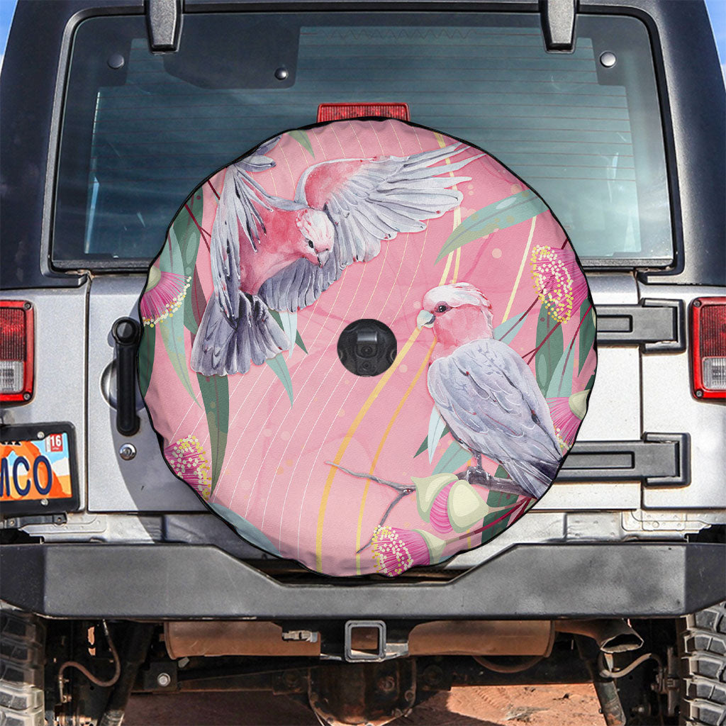 Australia Breast Cancer Spare Tire Cover Pink Galah with Eucalyptus Flowers