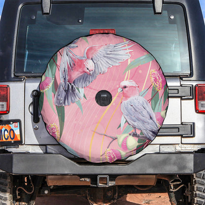 Australia Breast Cancer Spare Tire Cover Pink Galah with Eucalyptus Flowers