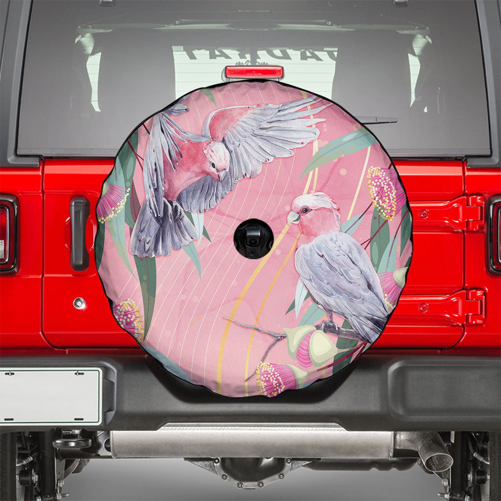 Australia Breast Cancer Spare Tire Cover Pink Galah with Eucalyptus Flowers