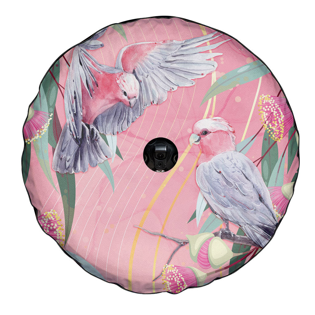 Australia Breast Cancer Spare Tire Cover Pink Galah with Eucalyptus Flowers