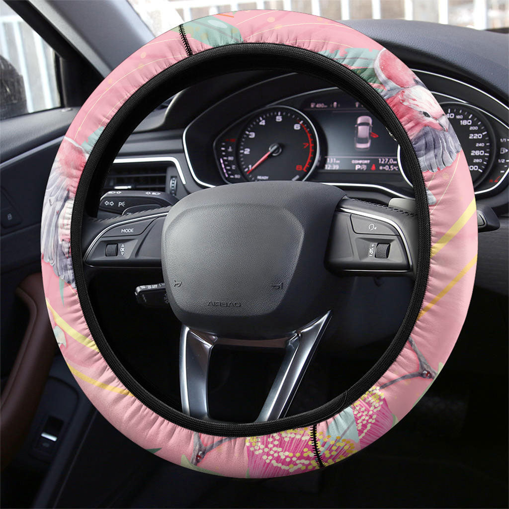 Australia Breast Cancer Steering Wheel Cover Pink Galah with Eucalyptus Flowers