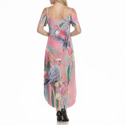 Australia Breast Cancer Summer Maxi Dress Pink Galah with Eucalyptus Flowers