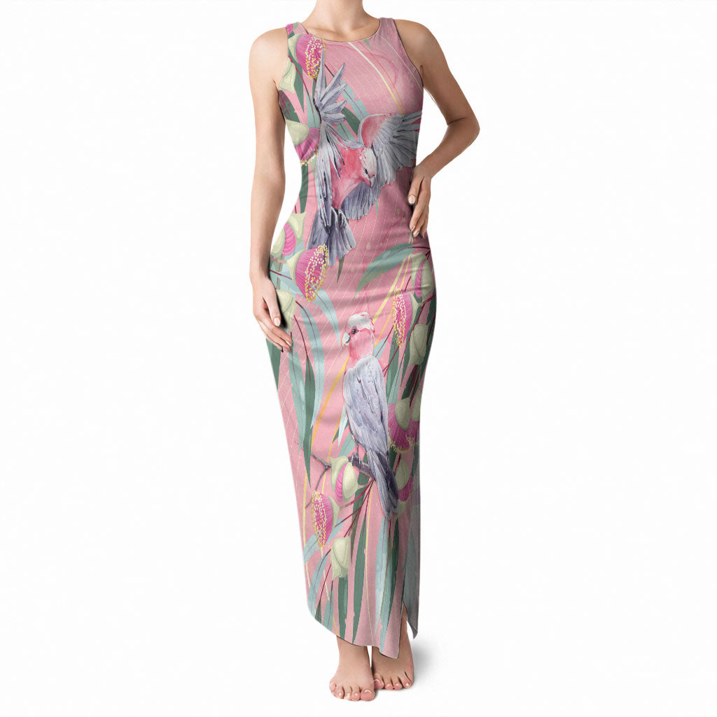 Australia Breast Cancer Tank Maxi Dress Pink Galah with Eucalyptus Flowers