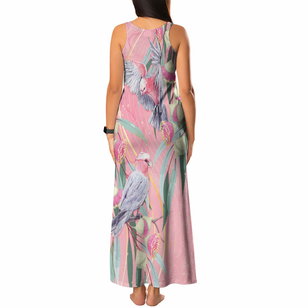 Australia Breast Cancer Tank Maxi Dress Pink Galah with Eucalyptus Flowers