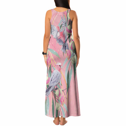 Australia Breast Cancer Tank Maxi Dress Pink Galah with Eucalyptus Flowers