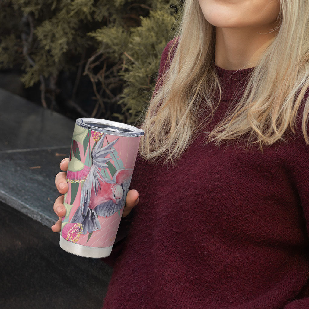 Australia Breast Cancer Tumbler Cup Pink Galah with Eucalyptus Flowers