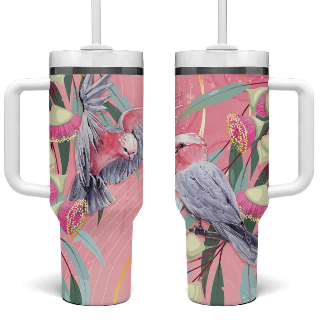 Australia Breast Cancer Tumbler With Handle Pink Galah with Eucalyptus Flowers