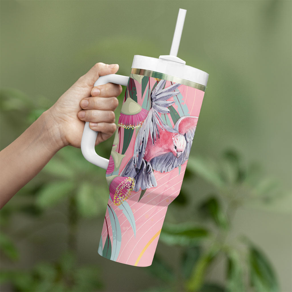 Australia Breast Cancer Tumbler With Handle Pink Galah with Eucalyptus Flowers