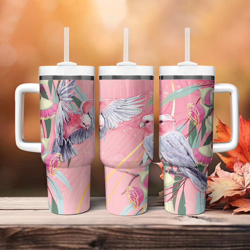 Australia Breast Cancer Tumbler With Handle Pink Galah with Eucalyptus Flowers