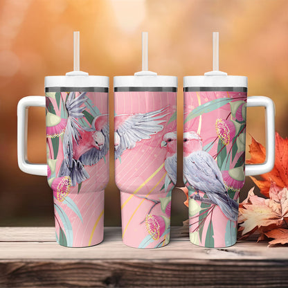 Australia Breast Cancer Tumbler With Handle Pink Galah with Eucalyptus Flowers