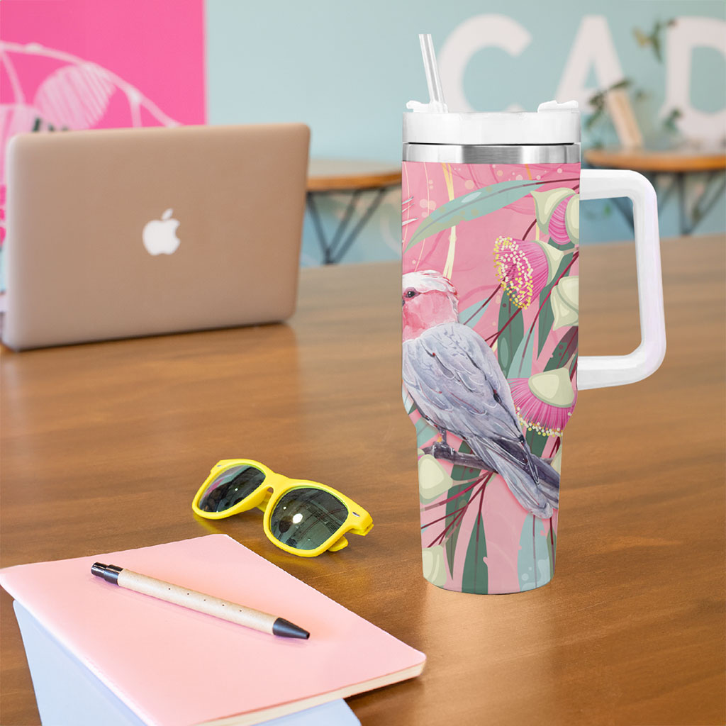 Australia Breast Cancer Tumbler With Handle Pink Galah with Eucalyptus Flowers