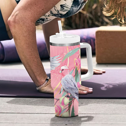 Australia Breast Cancer Tumbler With Handle Pink Galah with Eucalyptus Flowers