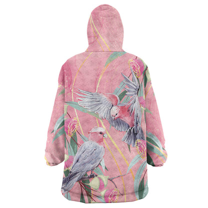 Australia Breast Cancer Wearable Blanket Hoodie Pink Galah with Eucalyptus Flowers