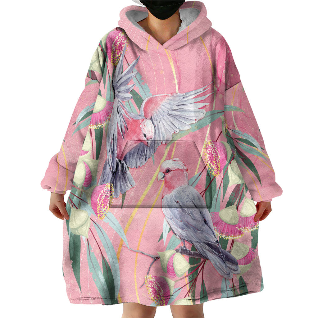 Australia Breast Cancer Wearable Blanket Hoodie Pink Galah with Eucalyptus Flowers
