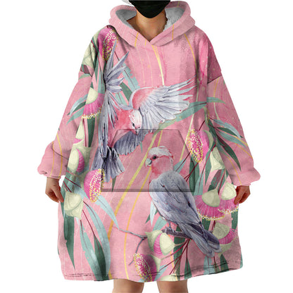 Australia Breast Cancer Wearable Blanket Hoodie Pink Galah with Eucalyptus Flowers
