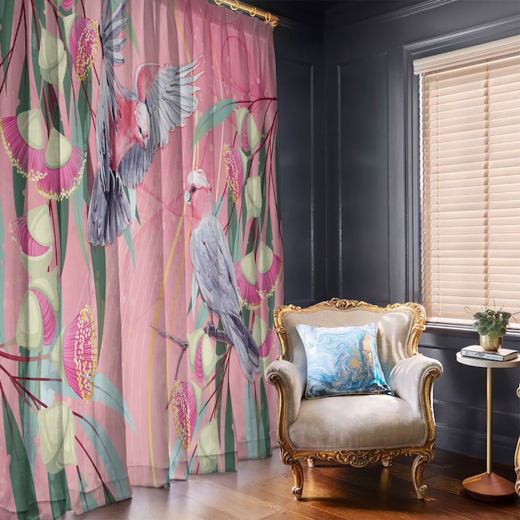 Australia Breast Cancer Window Curtain Pink Galah with Eucalyptus Flowers