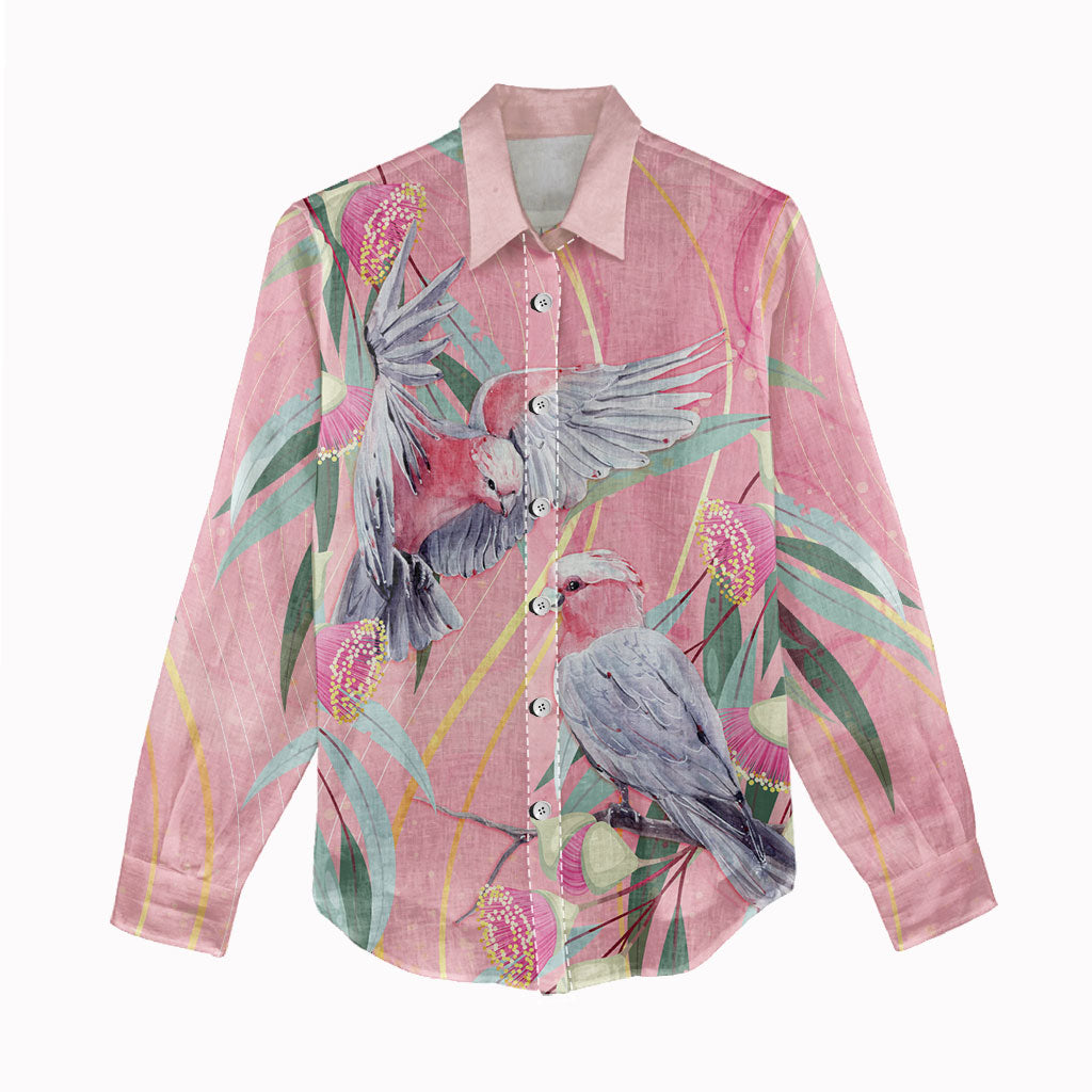 Australia Breast Cancer Women Casual Shirt Pink Galah with Eucalyptus Flowers
