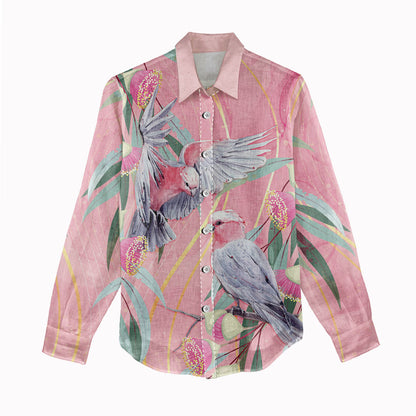 Australia Breast Cancer Women Casual Shirt Pink Galah with Eucalyptus Flowers