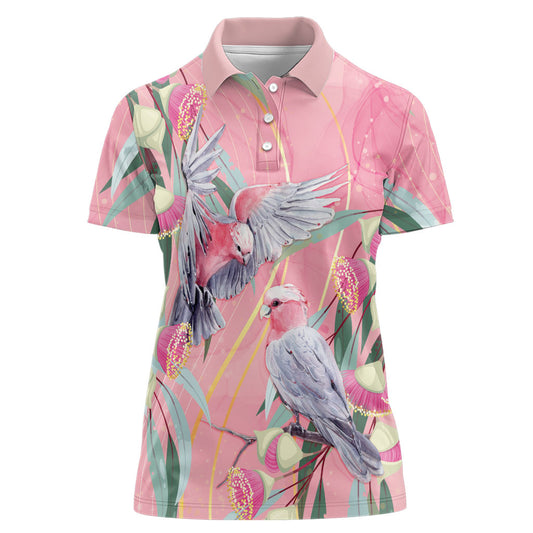 Australia Breast Cancer Women Polo Shirt Pink Galah with Eucalyptus Flowers
