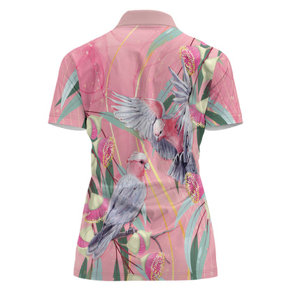 Australia Breast Cancer Women Polo Shirt Pink Galah with Eucalyptus Flowers